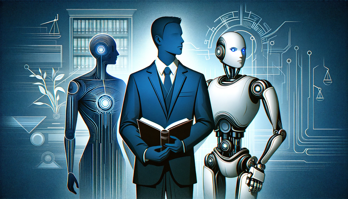 Illustration of a legal professional working in tandem with artificial intelligence