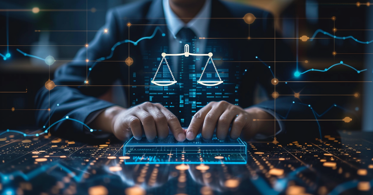 A lawyers interacting with a digital interface to represent digital deposition strategies