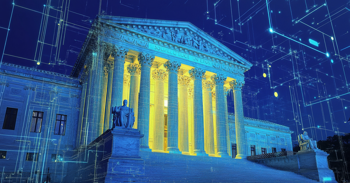 A stately courthouse, lit from within, where high-profile cases are heard, against a digital schematic background.