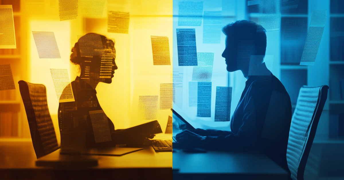 A legal transcriptionist and a general transcriptionist sit opposite each other as documents seemingly surround them.