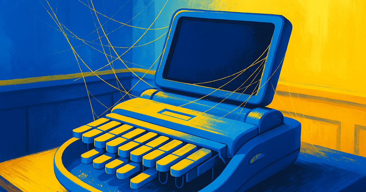 An old-school steno machine sits idle with cob webs on it.