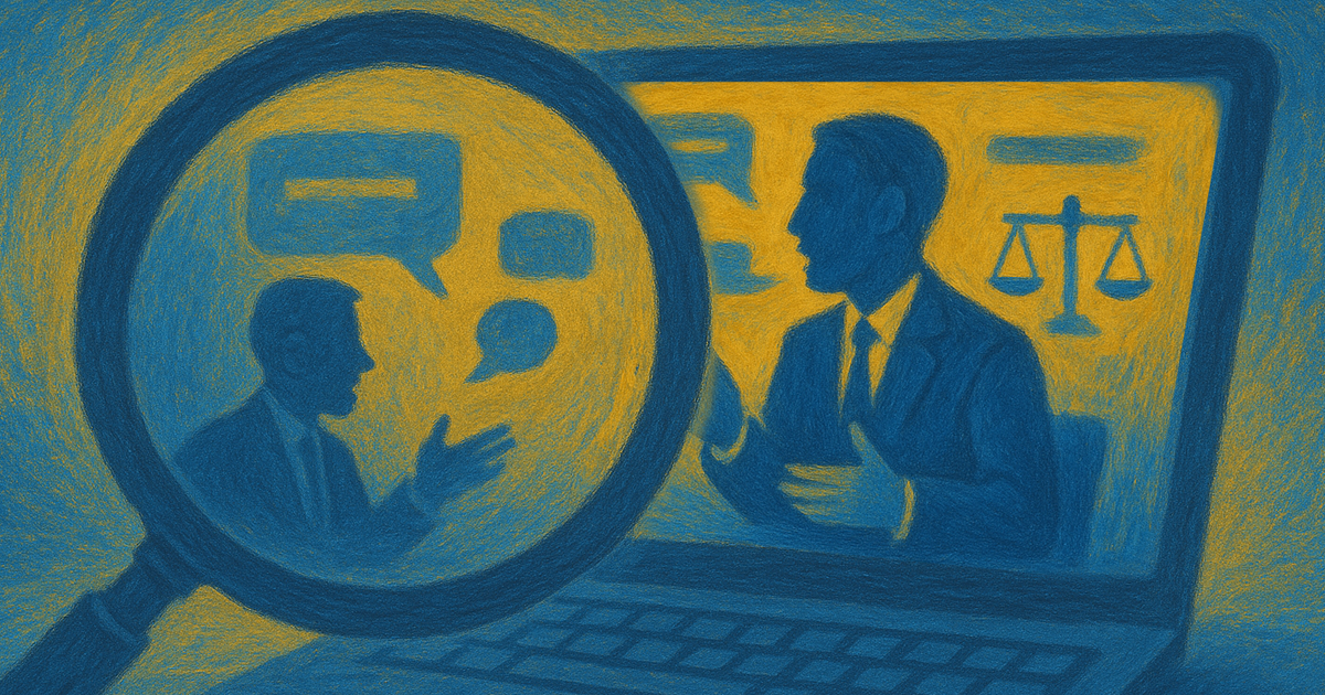 Illustration showing a conversation happening over a laptop screen, with a magnifying glass highlighting the speaker's body language.