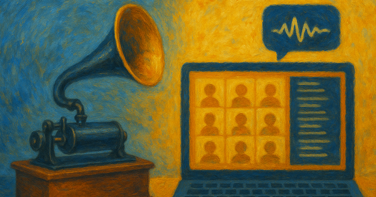 Painterly image featuring a phonograph juxtaposed with a videoconferencing platform on a laptop computer.