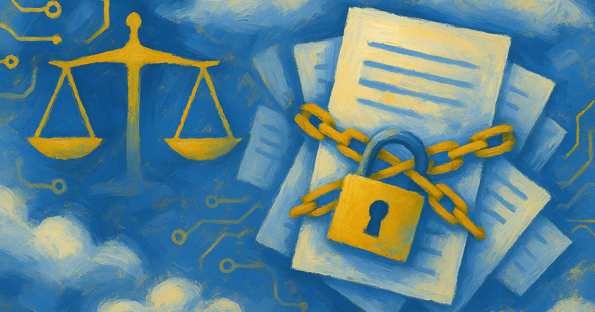 Representative image featuring technological textures, the scales of justice, clouds, and a stack of documents wrapped in locked chains.