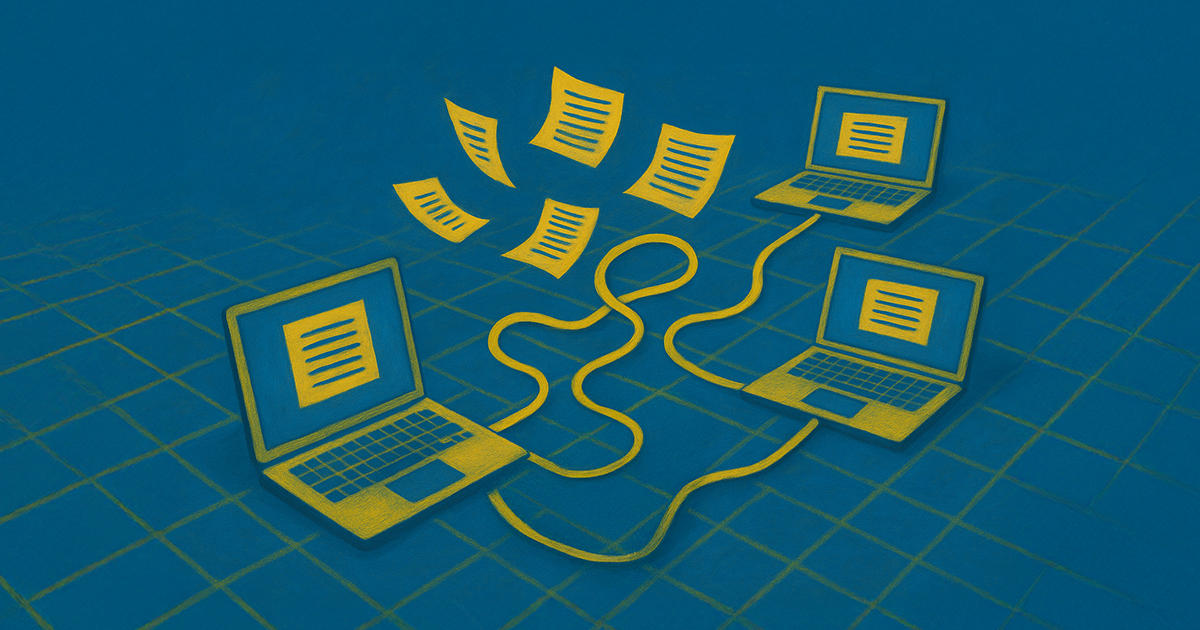 Illustration of three laptops connected by cables with documents being shared between them, symbolizing digital file sharing or data transfer.