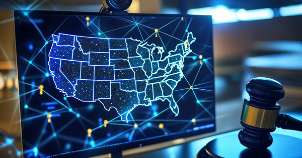 A computer with a digital map of the U.S., alongside a judge's gavel.