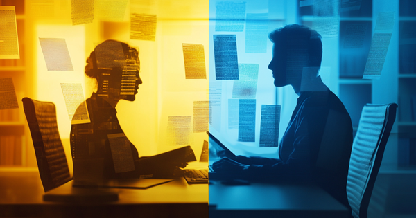 A legal transcriptionist and a general transcriptionist sit opposite each other as documents seemingly surround them.