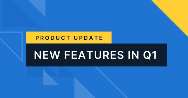 Text "Product Update: New Features in Q1" on a blue background with yellow highlights.