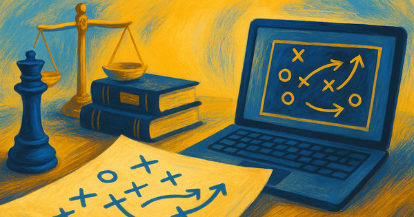 Illustration of a computer and paper with playbook iconography, along with a chess piece, books, and scales in the background.